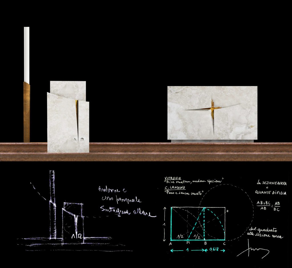 Fig. 13 – Schizzi preliminari e versione definitiva di altare, ambone, cero pasquale (G. Gualdrini, 2014)