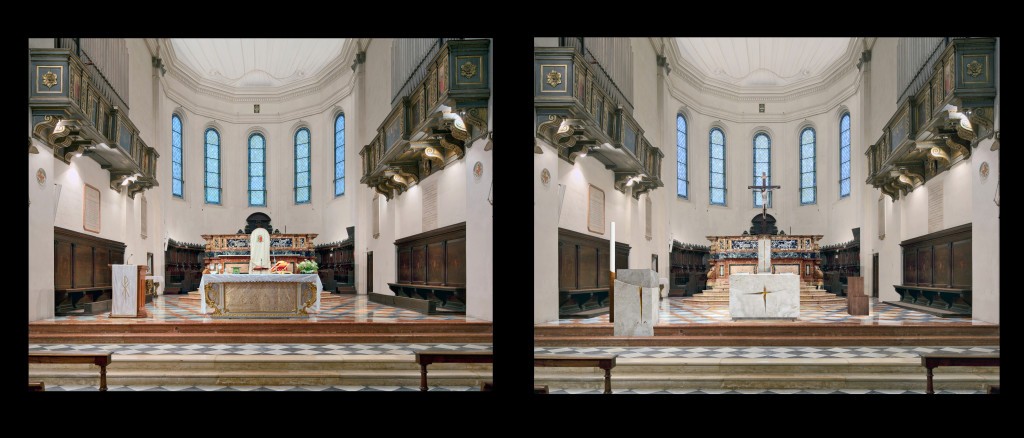 Fig. 15 – Il presbiterio della Cattedrale di Faenza (G. Gualdrini, 2014) comparato al precedente assetto: l’ambone e la cattedra.