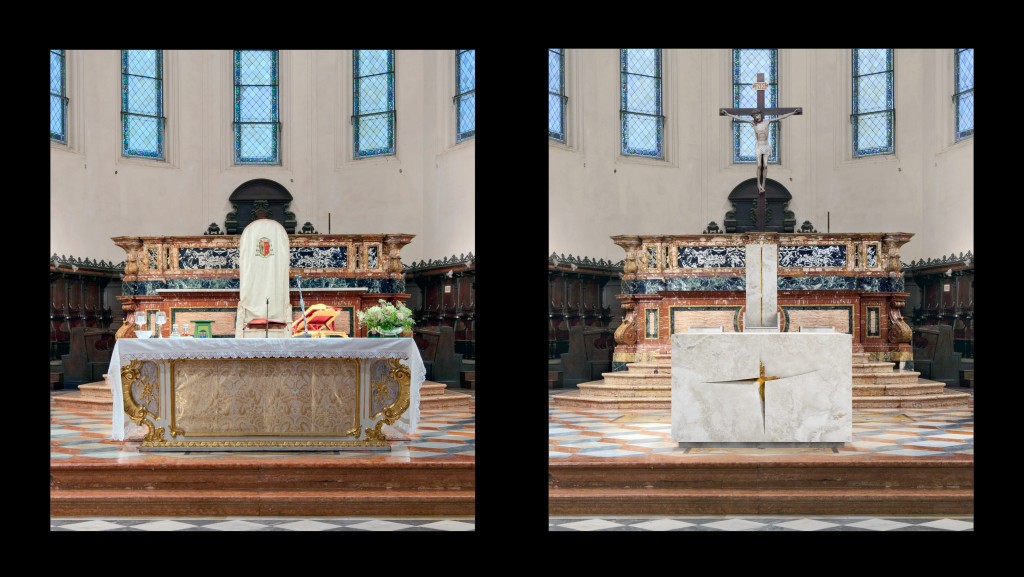 Fig. 16 – Il nuovo assetto del presbiterio della Cattedrale di Faenza: l’altare e la cattedra (G. Gualdrini, 2014)