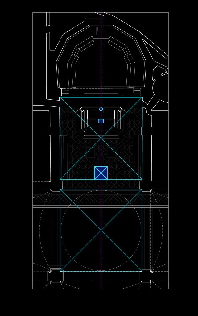 Fig. 7 – Il progetto preliminare dell’altare quadrato all’interno della griglia modulare del presbiterio della Cattedrale di Faenza (G. Gualdrini, 2013)