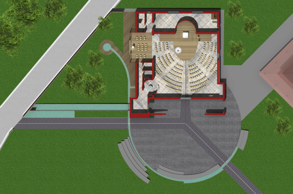 Pianta della chiesa e vista interna (rendering di progetto).