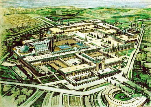 Vista a volo d'uccello e planimetria della moschea.