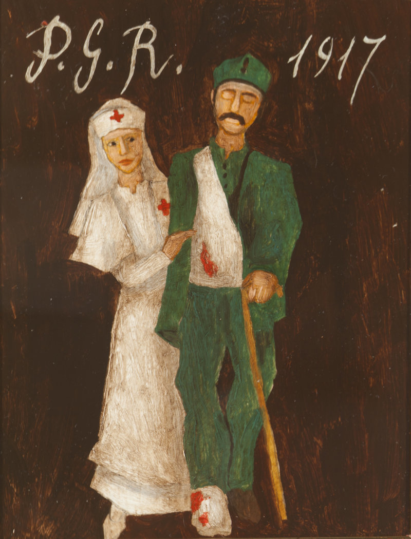 Pittore contemporaneo anonimo - XXI sec. Tempera su cartoncino com. 15,6x21 “P.G.R. 1917 Poche informazioni sono date dall’artista in questa tavoletta. Si tratta di un soldato Italiano della Prima Guerra Mondiale, ferito, sorretto da una solerte infermiera della Croce Rossa.Oltre 8000 volontarie infermiere prestarono assistenza ai feriti durante la Prima Guerra Mondiale.
