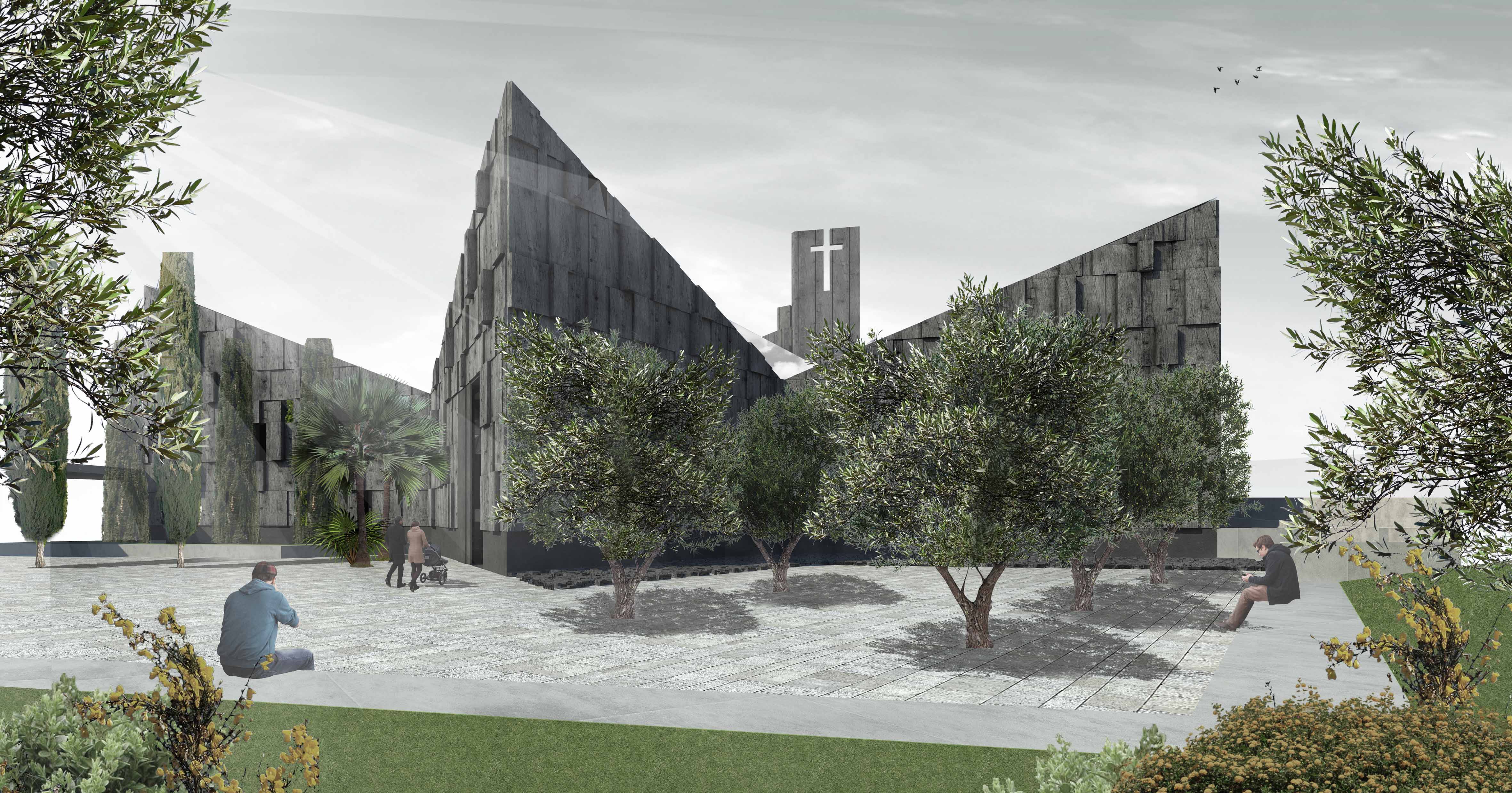 Render dalla nuova piazza-sagrato verso il giardino degli ulivi e il nuovo ingresso al parco.
