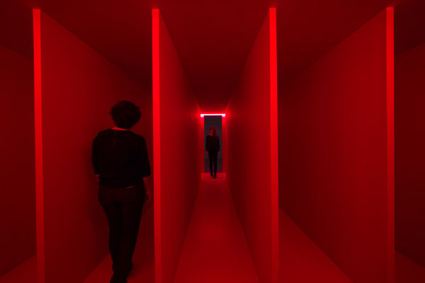 Spatial Environment in Red Light ( Ambiente Spaziale a Luce Rossa ) 1967/2019 Painted wood, glass tubes, neon, and mixed media 220 × 600 × 490 cm Reconstruction authorized by Fondazione Lucio Fontana - project Pirelli HangarBicocca 2017